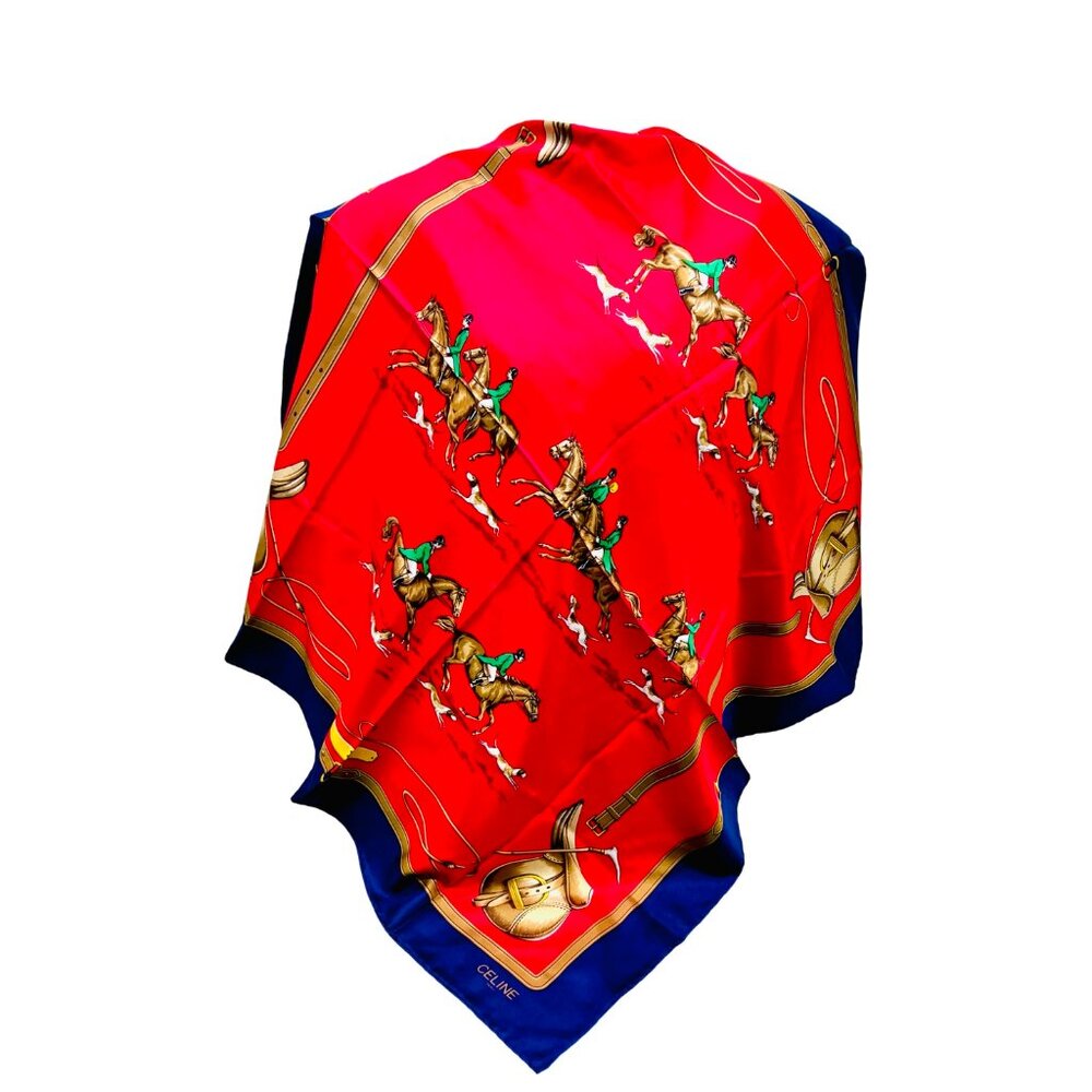 Unused-CELINE Paris 100% SilkScarf 34" x34" Red Blue Hourses Dogs Italy Made(59 - Picture 5 of 15
